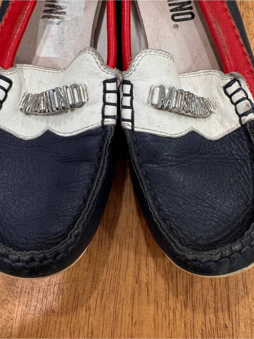 Moschino Teen Kids Leather Moccasin Loafers Size 31 US 13 Red White Blue Preppy